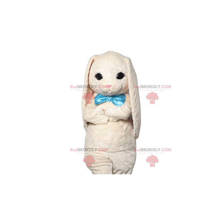 Mascotte van zacht wit konijn met zijn turkooizen strik -