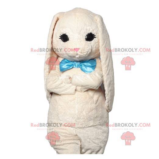 Soft white rabbit mascot with its turquoise bow - Redbrokoly.com