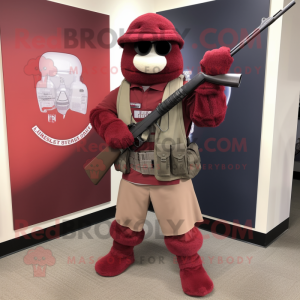 Maroon Sniper mascot costume character dressed with a Dress Shirt and Scarves