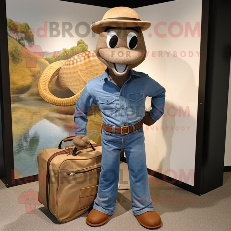 Brown Snake mascot costume character dressed with a Denim Shirt and Briefcases