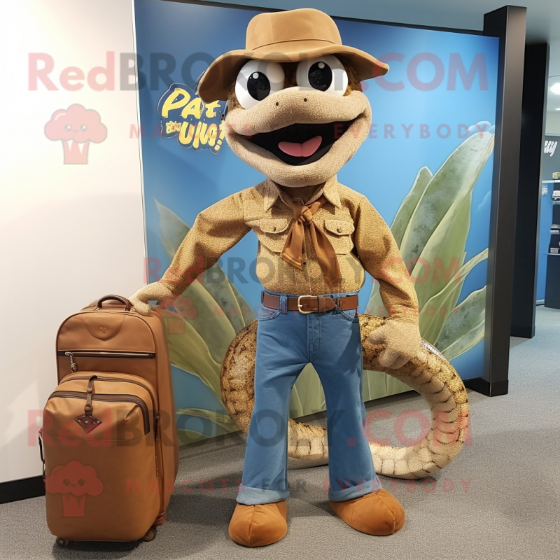 Brown Snake mascot costume character dressed with a Denim Shirt and Briefcases Brown Snake mascot costume character dressed with a Denim Shirt and Briefcases