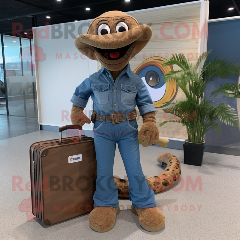 Brown Snake mascot costume character dressed with a Denim Shirt and Briefcases