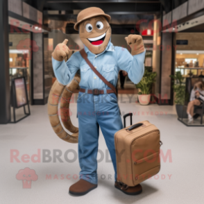 Brown Snake mascot costume character dressed with a Denim Shirt and Briefcases