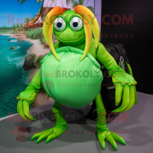 Lime Green Hermit Crab mascot costume character dressed with a Bikini and Briefcases