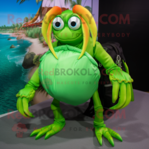 Lime Green Hermit Crab mascot costume character dressed with a Bikini and Briefcases