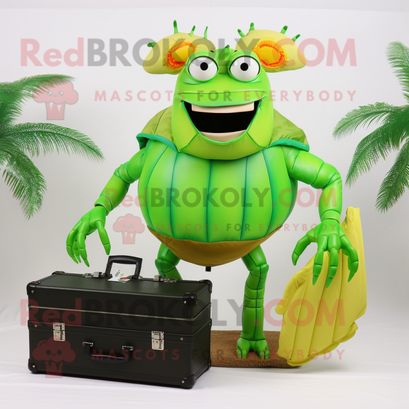 Lime Green Hermit Crab mascot costume character dressed with a Bikini and Briefcases
