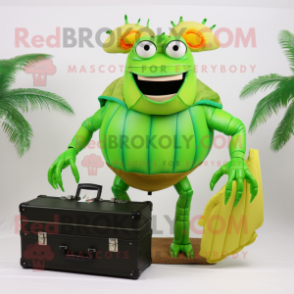 Lime Green Hermit Crab mascot costume character dressed with a Bikini and Briefcases