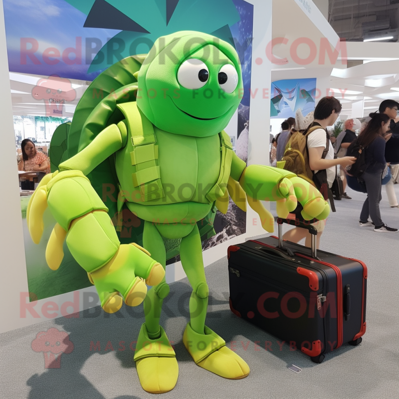 Lime Green Hermit Crab mascot costume character dressed with a Bikini and Briefcases