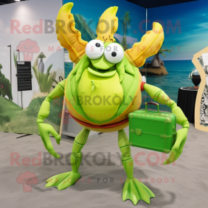 Lime Green Hermit Crab mascot costume character dressed with a Bikini and Briefcases