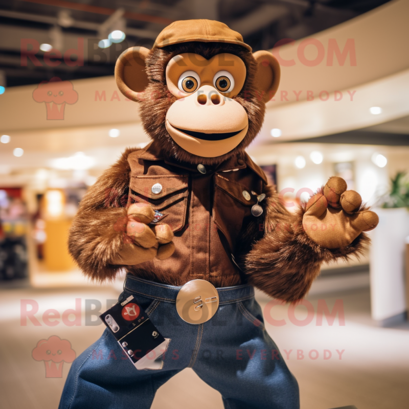 Brown Monkey mascot costume character dressed with a Jeans and Rings