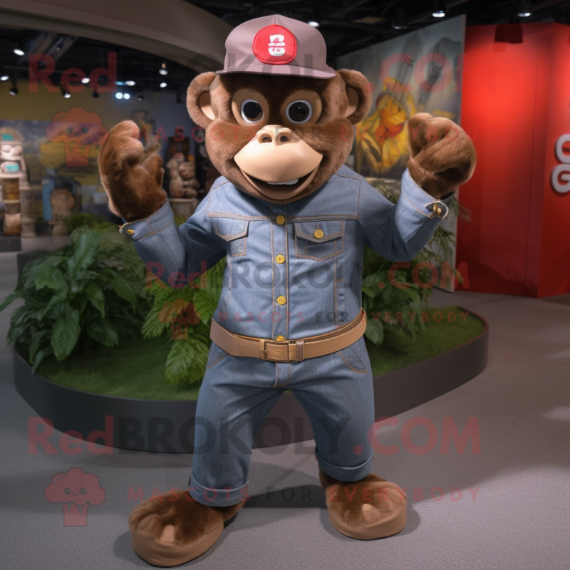 Brown Monkey mascot costume character dressed with a Jeans and Rings