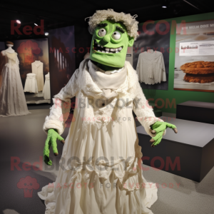 Tan Frankenstein mascot costume character dressed with a Wedding Dress and Shawls