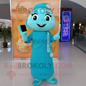 Cyan Pad Thai mascot costume character dressed with a Sheath Dress and Keychains