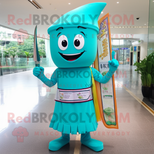 Cyan Pad Thai mascot costume character dressed with a Sheath Dress and Keychains