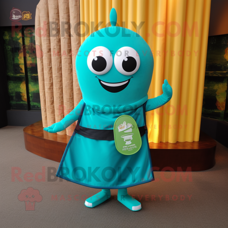 Cyan Pad Thai mascot costume character dressed with a Sheath Dress and Keychains