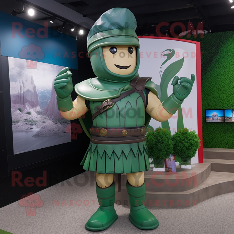 Forest Green Roman Soldier mascot costume character dressed with a Romper and Rings