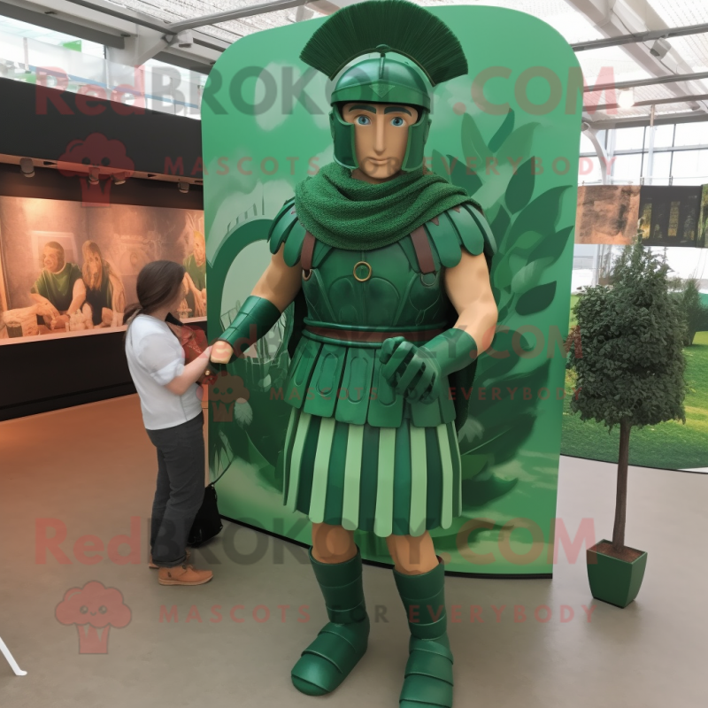 Forest Green Roman Soldier mascot costume character dressed with a Romper and Rings Forest Green Roman Soldier mascot costume character dressed with a Romper and Rings