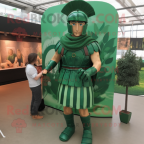 Forest Green Roman Soldier mascot costume character dressed with a Romper and Rings