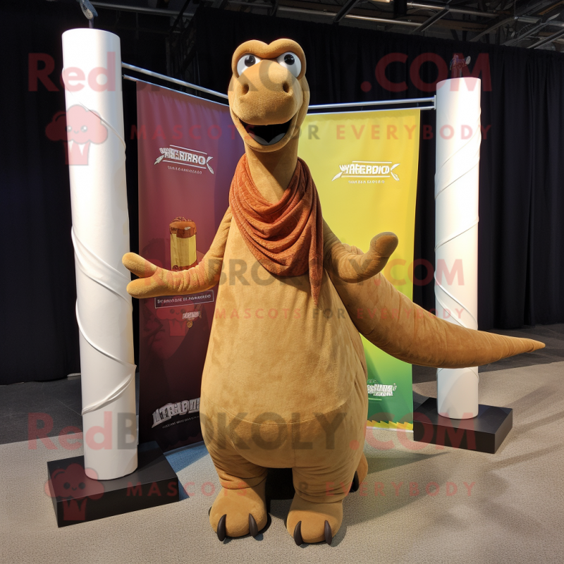 Brown Brachiosaurus mascot costume character dressed with a Cover-up and Scarf clips Brown Brachiosaurus mascot costume character dressed with a Cover-up and Scarf clips