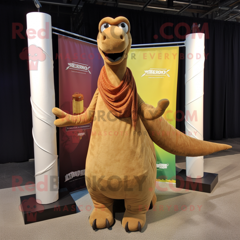 Brown Brachiosaurus mascot costume character dressed with a Cover-up and Scarf clips