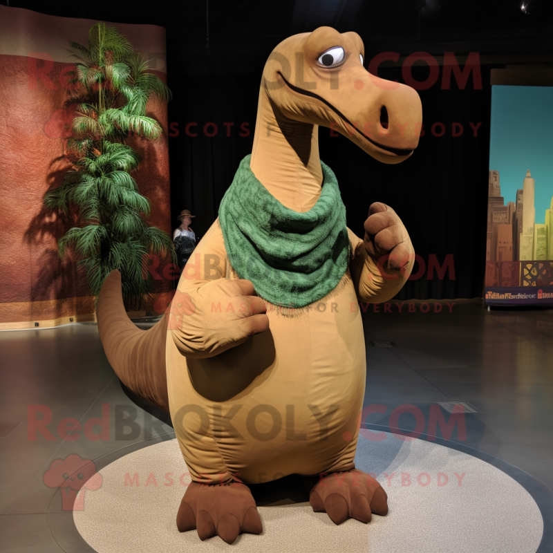 Brown Brachiosaurus mascot costume character dressed with a Cover-up and Scarf clips