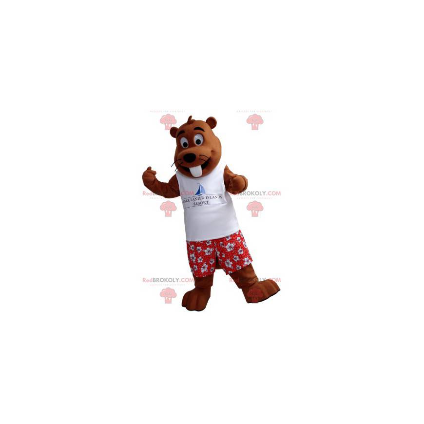 Mascotte de marmotte marron en tenue de vacancier -