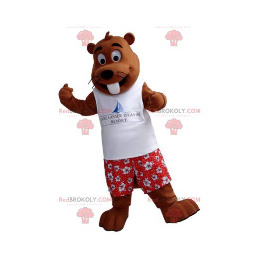 Mascota de la marmota marrón en traje de vacaciones -