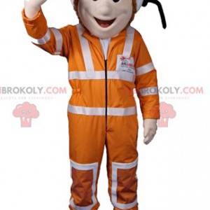 Mascote astronauta com sua roupa laranja e capacete branco -