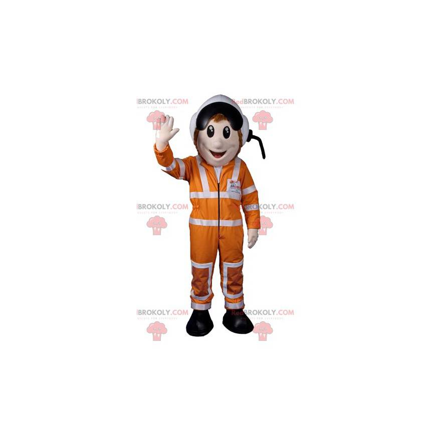 Mascote astronauta com sua roupa laranja e capacete branco -