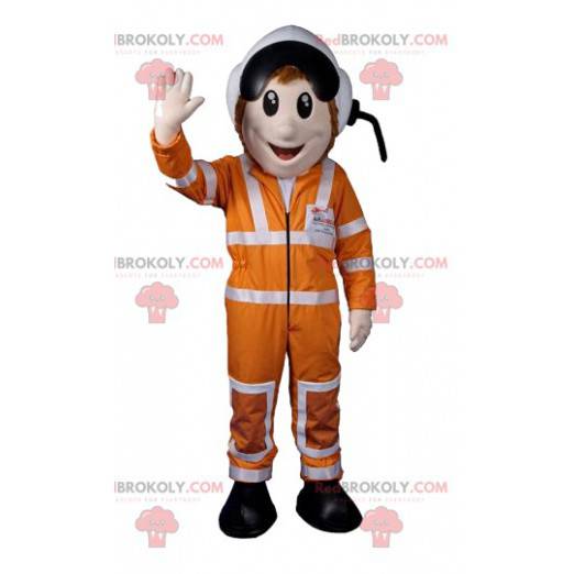 Astronaut mascotte met zijn oranje outfit en witte helm -