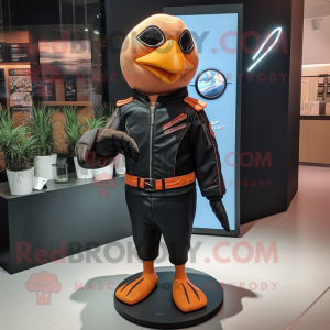 Peach Blackbird mascot costume character dressed with a Moto Jacket and Foot pads