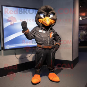 Peach Blackbird mascot costume character dressed with a Moto Jacket and Foot pads