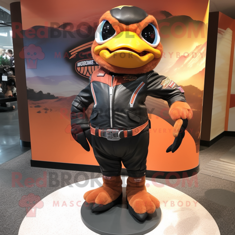 Peach Blackbird mascot costume character dressed with a Moto Jacket and Foot pads Peach Blackbird mascot costume character dressed with a Moto Jacket and Foot pads