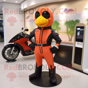 Peach Blackbird mascot costume character dressed with a Moto Jacket and Foot pads