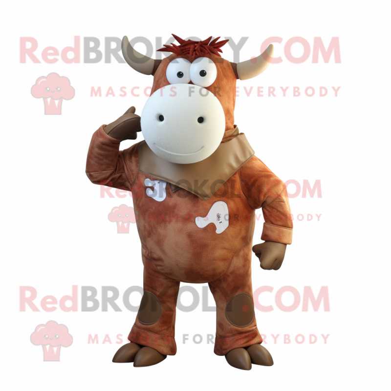 Rust Cow mascot costume character dressed with a Overalls and Wraps
