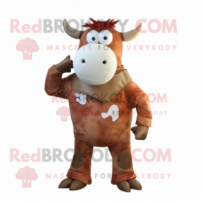 Rust Cow mascot costume character dressed with a Overalls and Wraps