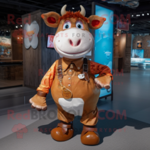 Rust Cow mascot costume character dressed with a Overalls and Wraps