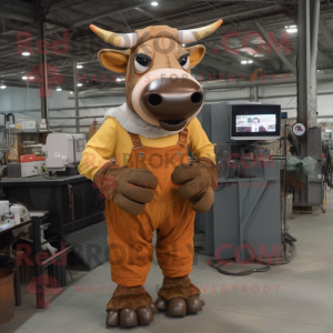 Rust Cow mascot costume character dressed with a Overalls and Wraps