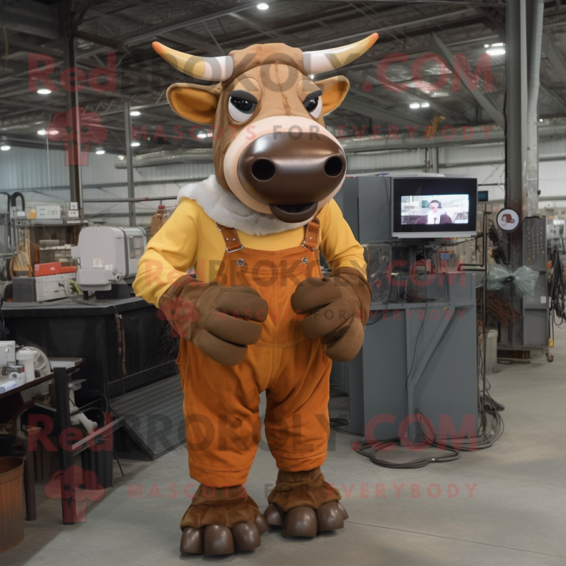 Rust Cow mascot costume character dressed with a Overalls and Wraps Rust Cow mascot costume character dressed with a Overalls and Wraps