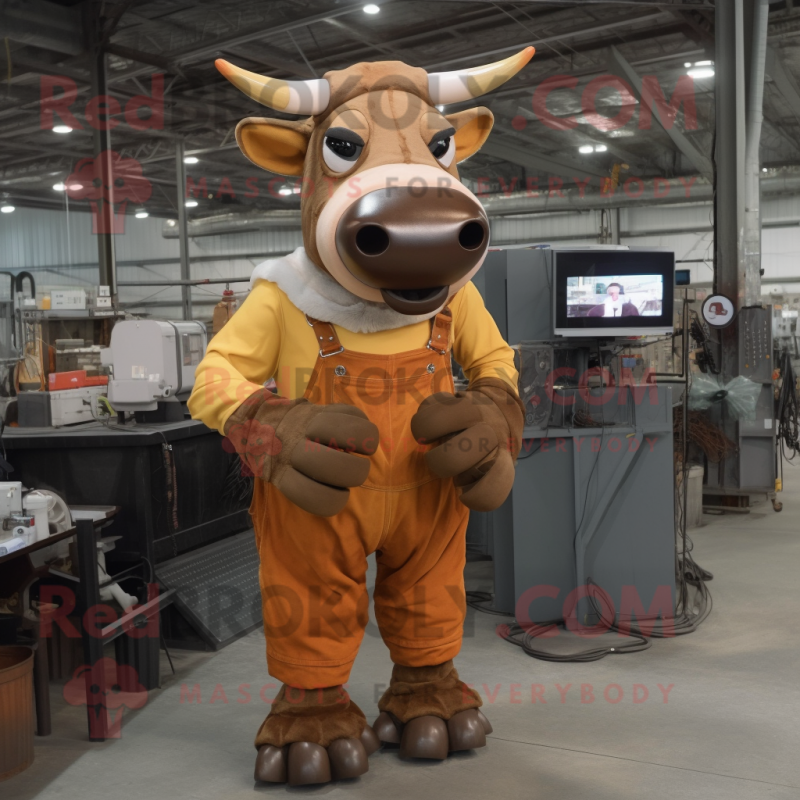 Rust Cow mascot costume character dressed with a Overalls and Wraps