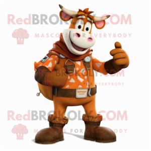 Rust Cow mascot costume character dressed with a Overalls and Wraps