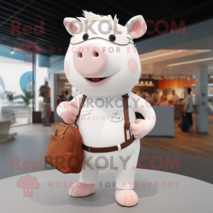 White Pig mascot costume character dressed with a Henley Tee and Handbags