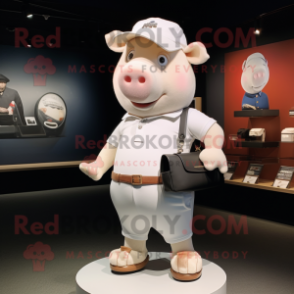 White Pig mascot costume character dressed with a Henley Tee and Handbags