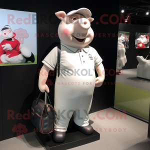White Pig mascot costume character dressed with a Henley Tee and Handbags