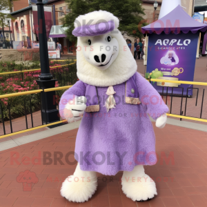 Lavender Alpaca mascot costume character dressed with a Coat and Shoe clips