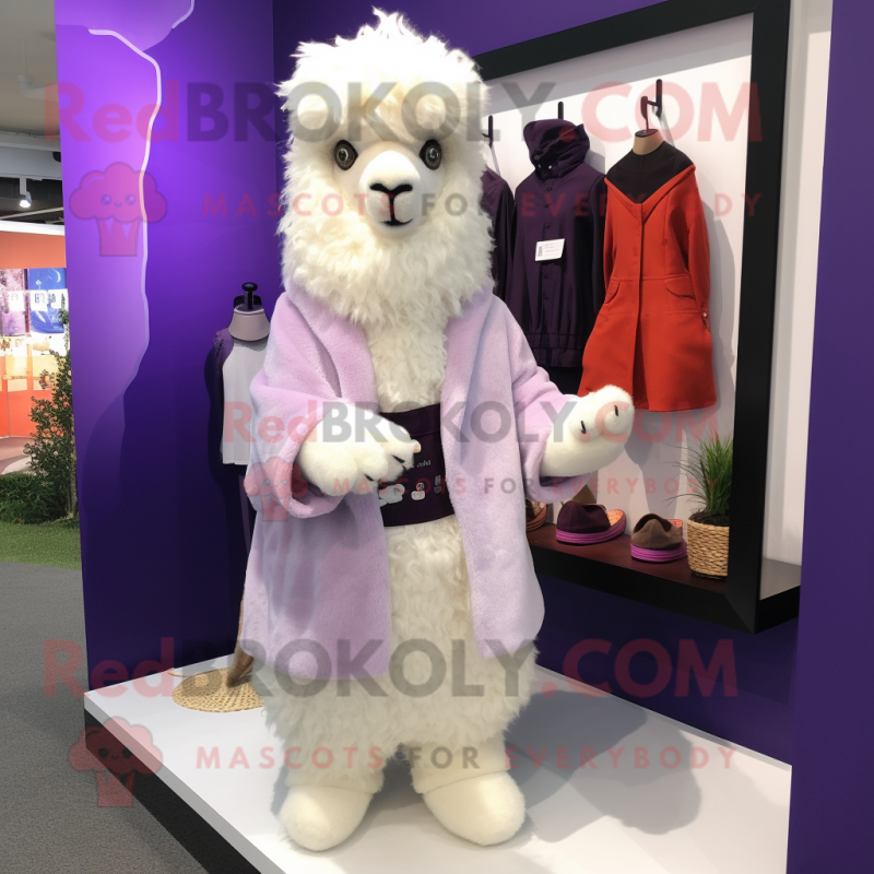 Lavender Alpaca mascot costume character dressed with a Coat and Shoe clips