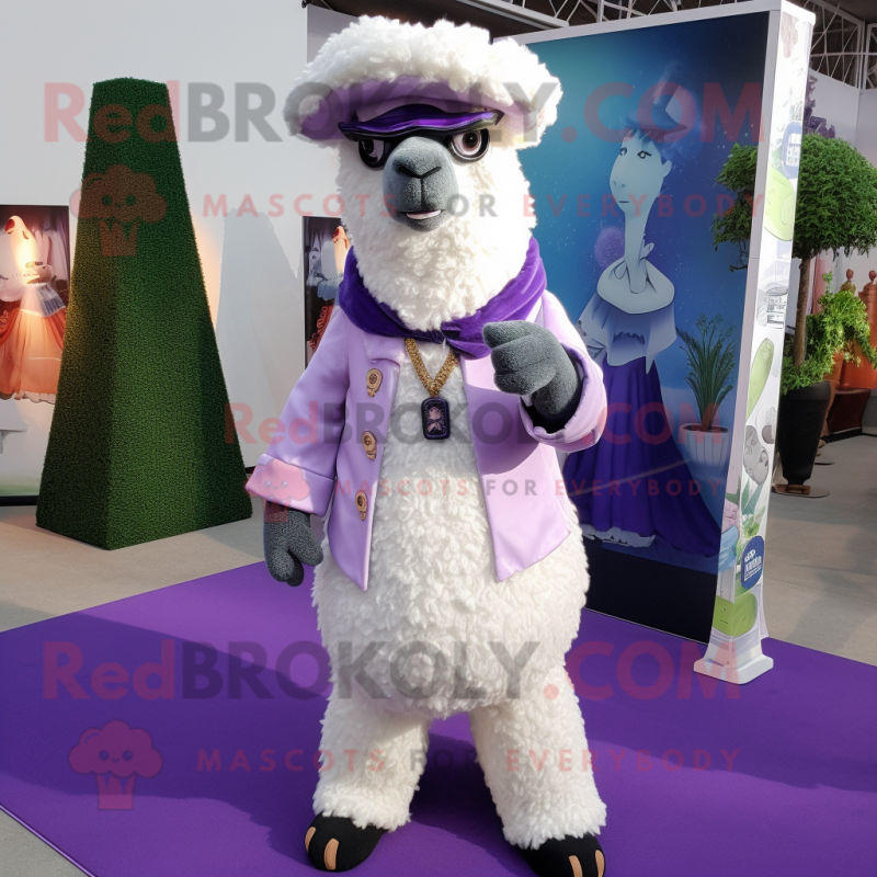 Lavender Alpaca mascot costume character dressed with a Coat and Shoe clips