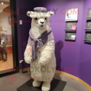 Lavender Alpaca mascot costume character dressed with a Coat and Shoe clips