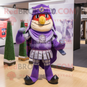 Purple Medieval Knight mascot costume character dressed with a Joggers and Scarf clips