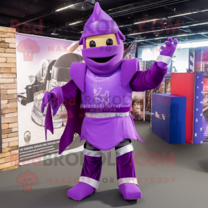 Purple Medieval Knight mascot costume character dressed with a Joggers and Scarf clips